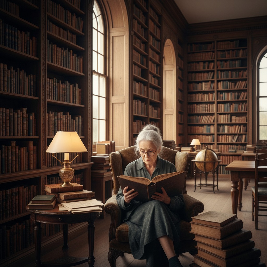 An elderly woman with white hair reads an open book while sitting in an armchair inside a vast, wood-paneled library.
