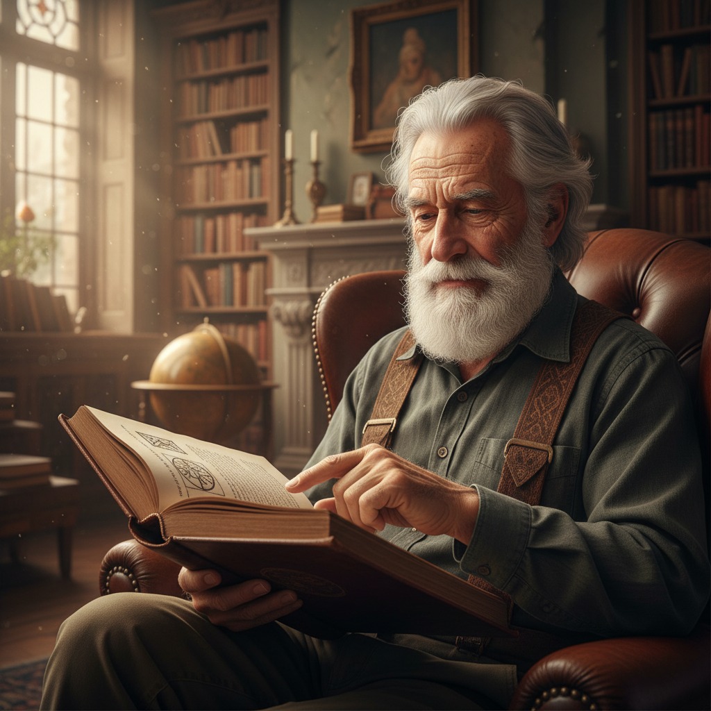 An older man with white hair and a beard sits in a leather armchair, pointing to a diagram in an open book.