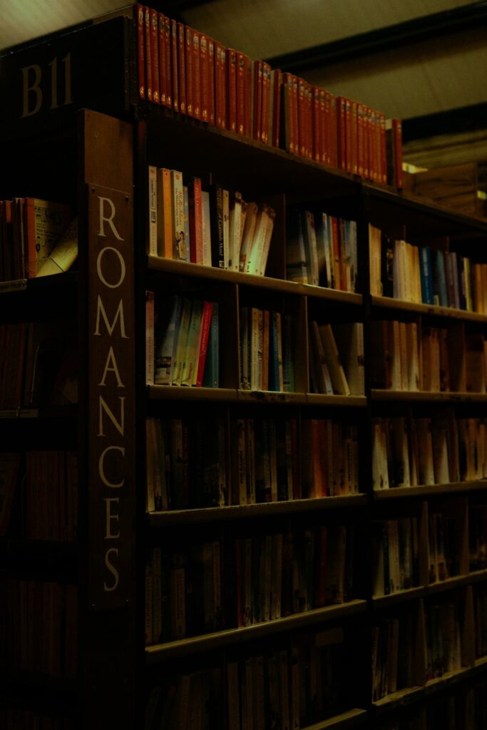 Wooden bookshelves filled with red romance novels.